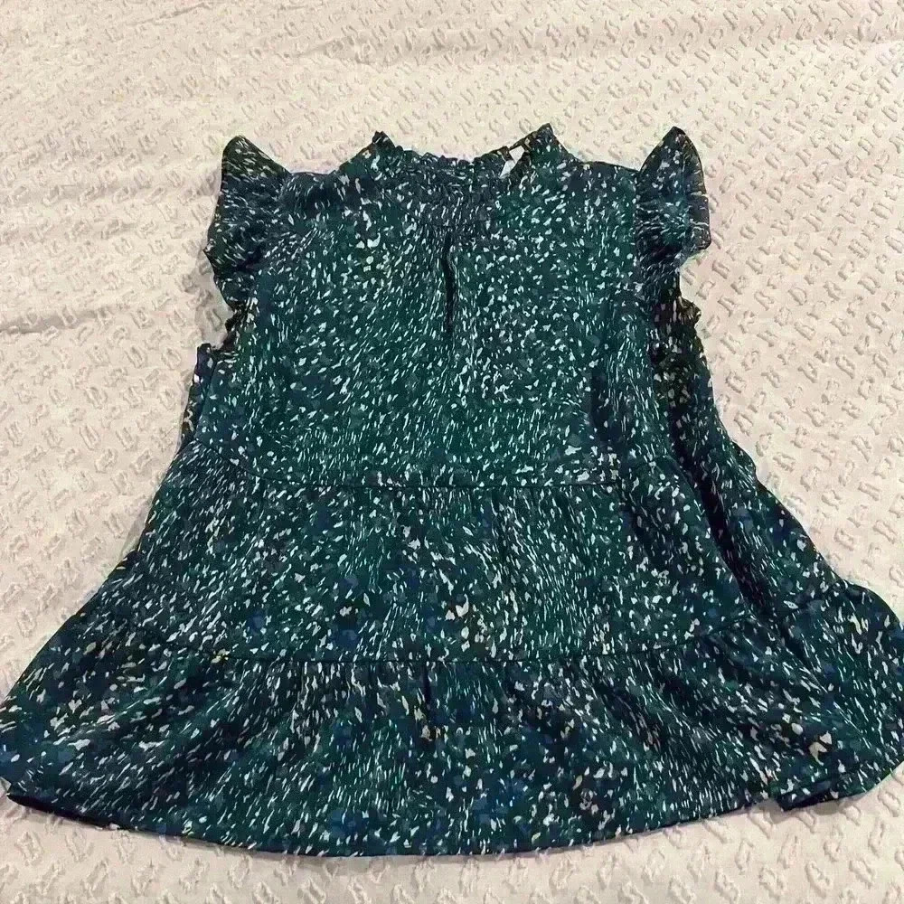 Thml Lori Print Tiered Flutter Sleeve Teal Top - image 1